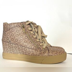 GUESS Wedge Sneakers. Size 7 1/2M. Tan, Brown Monogram & gold accents.